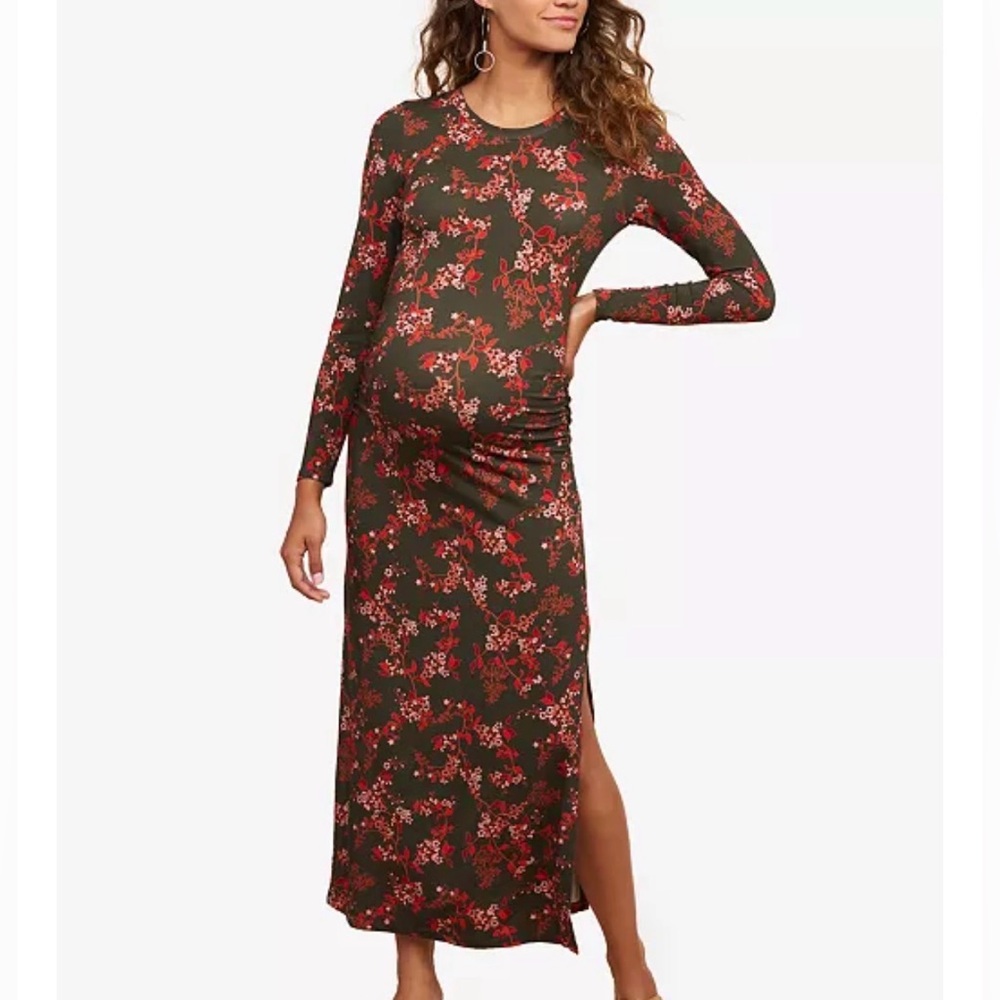 NWT Motherhood Maternity Floral Maxi Dress XL - Olive with Red Blossom
